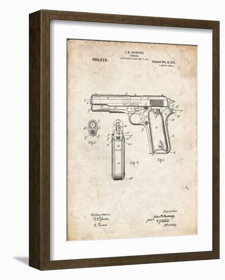 PP76-Vintage Parchment Colt 1911 Semi-Automatic Pistol Patent Poster-Cole Borders-Framed Giclee Print