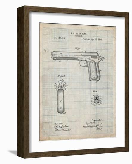 PP770-Antique Grid Parchment Colt Automatic Pistol of 1900 Patent Poster-Cole Borders-Framed Giclee Print