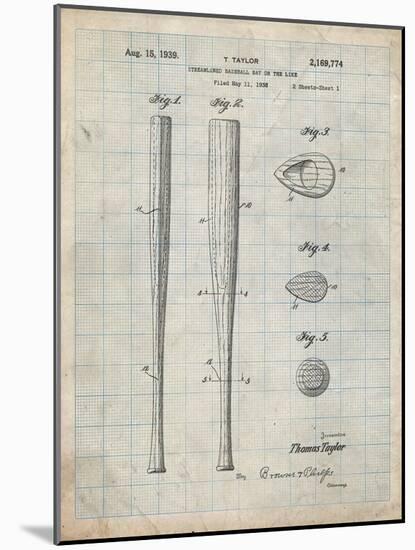 PP89-Antique Grid Parchment Vintage Baseball Bat 1939 Patent Poster-Cole Borders-Mounted Giclee Print