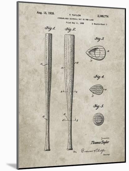 PP89-Sandstone Vintage Baseball Bat 1939 Patent Poster-Cole Borders-Mounted Giclee Print