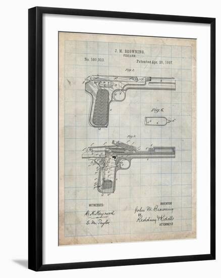 PP894-Antique Grid Parchment J.M. Browning Pistol Patent Poster-Cole Borders-Framed Giclee Print