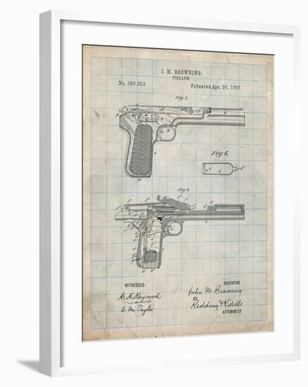 PP894-Antique Grid Parchment J.M. Browning Pistol Patent Poster-Cole Borders-Framed Giclee Print