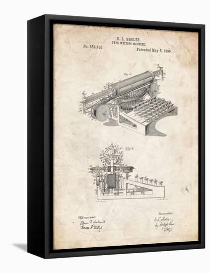 PP918-Vintage Parchment Last Sholes Typewriter Patent Poster-Cole Borders-Framed Stretched Canvas