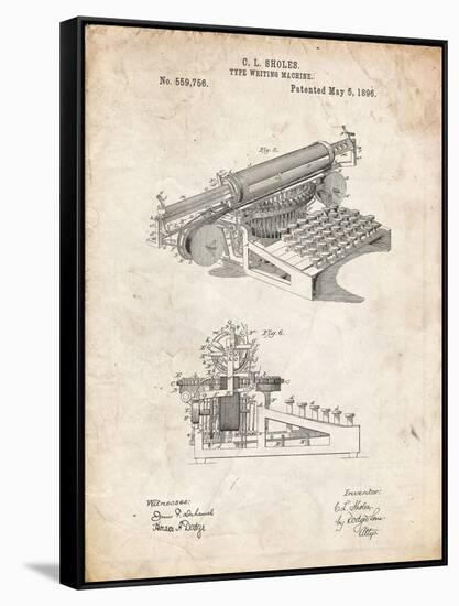 PP918-Vintage Parchment Last Sholes Typewriter Patent Poster-Cole Borders-Framed Stretched Canvas