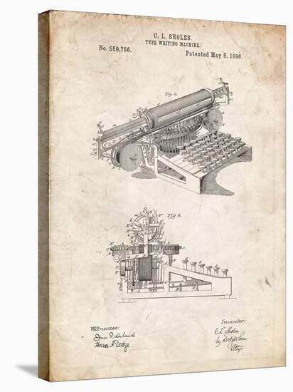 PP918-Vintage Parchment Last Sholes Typewriter Patent Poster-Cole Borders-Stretched Canvas