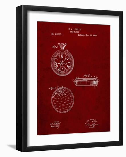 PP940-Burgundy Lemania Swiss Stopwatch Patent Poster-Cole Borders-Framed Giclee Print