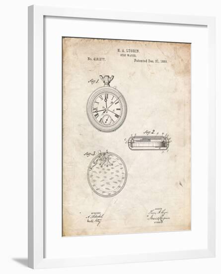 PP940-Vintage Parchment Lemania Swiss Stopwatch Patent Poster-Cole Borders-Framed Giclee Print