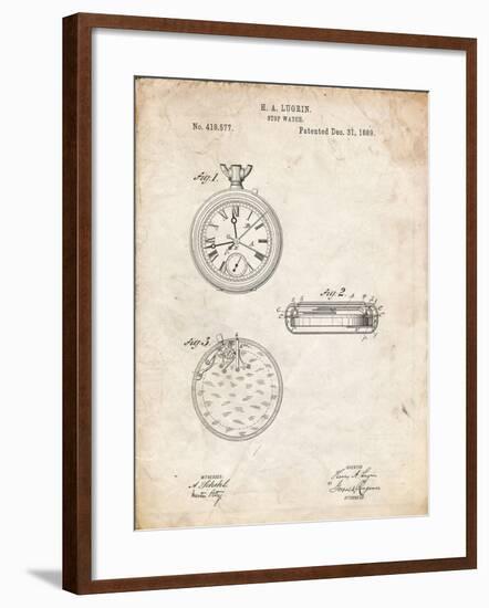 PP940-Vintage Parchment Lemania Swiss Stopwatch Patent Poster-Cole Borders-Framed Giclee Print