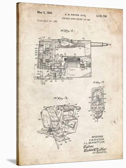 PP957-Vintage Parchment Milwaukee Portable Jig Saw Patent Poster-Cole Borders-Stretched Canvas