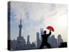 Practising Tai Chi with Fan, and Pudong Skyline, Early Morning, Shanghai, China-Peter Adams-Stretched Canvas