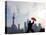 Practising Tai Chi with Fan, and Pudong Skyline, Early Morning, Shanghai, China-Peter Adams-Stretched Canvas