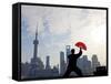 Practising Tai Chi with Fan, and Pudong Skyline, Early Morning, Shanghai, China-Peter Adams-Framed Stretched Canvas