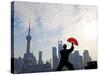 Practising Tai Chi with Fan, and Pudong Skyline, Early Morning, Shanghai, China-Peter Adams-Stretched Canvas