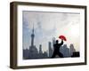 Practising Tai Chi with Fan, and Pudong Skyline, Early Morning, Shanghai, China-Peter Adams-Framed Photographic Print