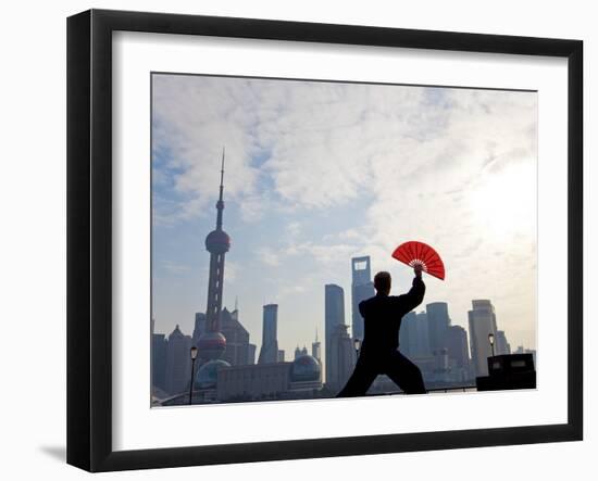 Practising Tai Chi with Fan, and Pudong Skyline, Early Morning, Shanghai, China-Peter Adams-Framed Photographic Print