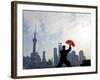 Practising Tai Chi with Fan, and Pudong Skyline, Early Morning, Shanghai, China-Peter Adams-Framed Photographic Print