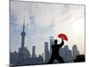 Practising Tai Chi with Fan, and Pudong Skyline, Early Morning, Shanghai, China-Peter Adams-Mounted Photographic Print