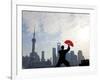 Practising Tai Chi with Fan, and Pudong Skyline, Early Morning, Shanghai, China-Peter Adams-Framed Photographic Print