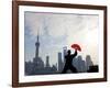 Practising Tai Chi with Fan, and Pudong Skyline, Early Morning, Shanghai, China-Peter Adams-Framed Photographic Print