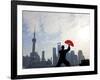 Practising Tai Chi with Fan, and Pudong Skyline, Early Morning, Shanghai, China-Peter Adams-Framed Photographic Print