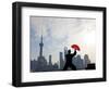 Practising Tai Chi with Fan, and Pudong Skyline, Early Morning, Shanghai, China-Peter Adams-Framed Photographic Print