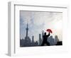 Practising Tai Chi with Fan, and Pudong Skyline, Early Morning, Shanghai, China-Peter Adams-Framed Photographic Print