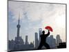 Practising Tai Chi with Fan, and Pudong Skyline, Early Morning, Shanghai, China-Peter Adams-Mounted Photographic Print