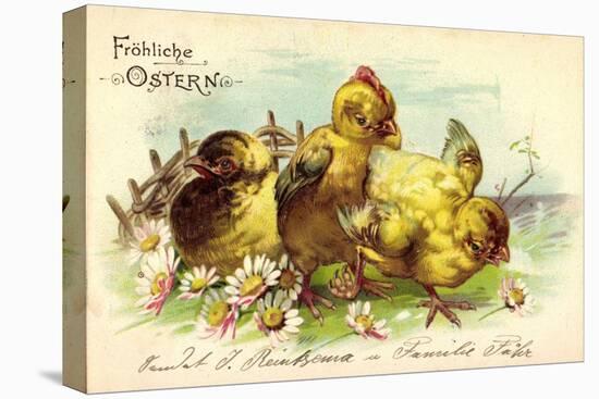 Präge Frohe Ostern, Drei Küken, Gänseblümchen-null-Stretched Canvas