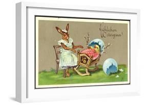 Präge Glückwunsch Ostern, Hase Schaukelt Küken-null-Framed Giclee Print