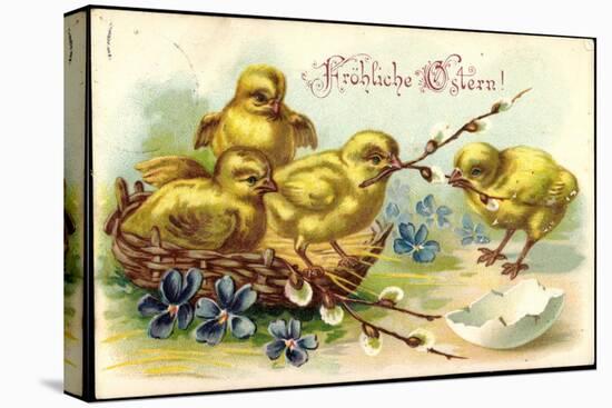 Präge Glückwunsch Ostern, Küken, Korb, Zweige-null-Stretched Canvas