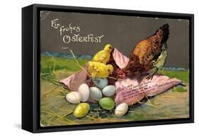 Präge Glückwunsch Ostern, Küken Mit Eiern, Henne-null-Framed Stretched Canvas