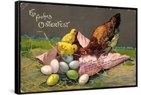 Präge Glückwunsch Ostern, Küken Mit Eiern, Henne-null-Framed Stretched Canvas