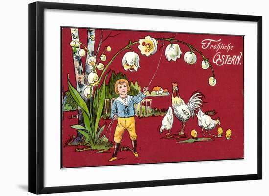 Präge Glückwunsch Ostern, Maiglöckchen, Henne, Küken-null-Framed Giclee Print