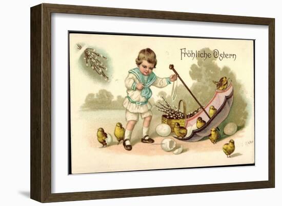 Präge Litho Frohe Ostern, Kind, Regenschirm, Küken,Eier-null-Framed Giclee Print