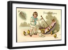 Präge Litho Frohe Ostern, Kind, Regenschirm, Küken,Eier-null-Framed Giclee Print