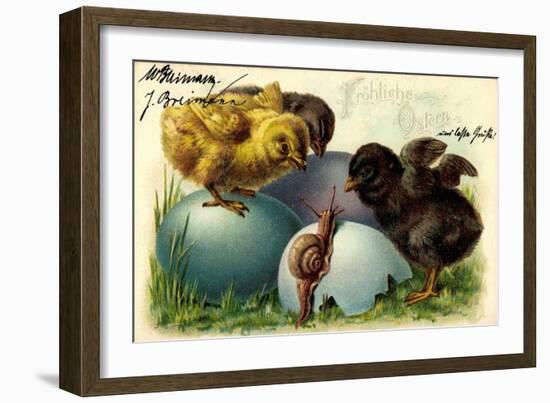 Präge Litho Frohe Ostern, Küken, Eierschale, Schnecke-null-Framed Giclee Print