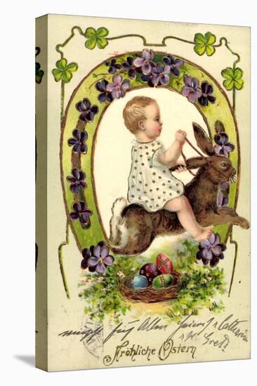 Präge Litho Glückwunsch Ostern, Kind Reitet Auf Hasen-null-Stretched Canvas