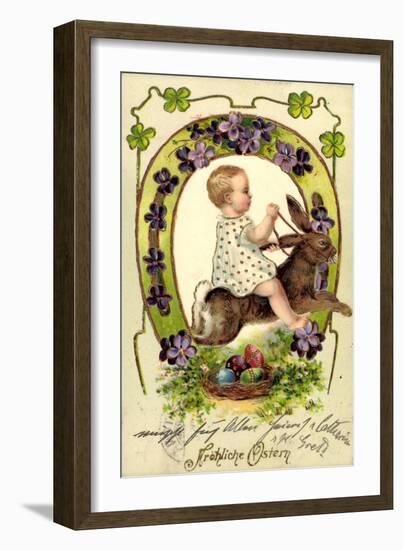 Präge Litho Glückwunsch Ostern, Kind Reitet Auf Hasen-null-Framed Giclee Print