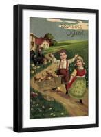 Präge Litho Glückwunsch Ostern, Kinder Mit Küken, Land-null-Framed Giclee Print