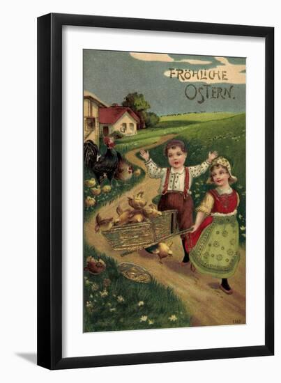 Präge Litho Glückwunsch Ostern, Kinder Mit Küken, Land-null-Framed Giclee Print