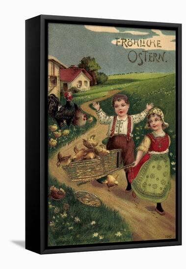 Präge Litho Glückwunsch Ostern, Kinder Mit Küken, Land-null-Framed Stretched Canvas