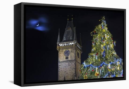 Prague Old Town Hall Tower and Christmas Tree.-Jon Hicks-Framed Stretched Canvas