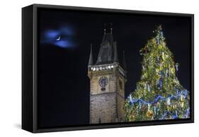 Prague Old Town Hall Tower and Christmas Tree.-Jon Hicks-Framed Stretched Canvas