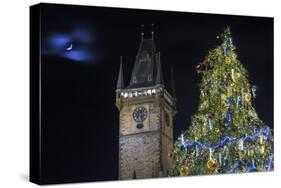 Prague Old Town Hall Tower and Christmas Tree.-Jon Hicks-Stretched Canvas