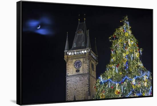 Prague Old Town Hall Tower and Christmas Tree.-Jon Hicks-Framed Stretched Canvas