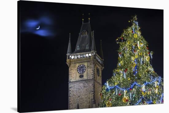 Prague Old Town Hall Tower and Christmas Tree.-Jon Hicks-Stretched Canvas