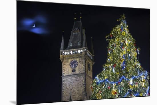 Prague Old Town Hall Tower and Christmas Tree.-Jon Hicks-Mounted Photographic Print