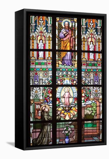 Prague, St. Vitus Cathedral, Stained Glass Window, St Thomas, St Anthony Kneeling before Baby Jesus-Samuel Magal-Framed Stretched Canvas