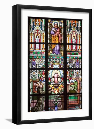 Prague, St. Vitus Cathedral, Stained Glass Window, St Thomas, St Anthony Kneeling before Baby Jesus-Samuel Magal-Framed Premium Photographic Print