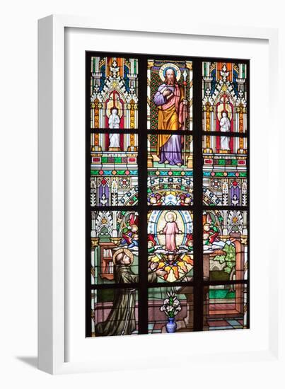 Prague, St. Vitus Cathedral, Stained Glass Window, St Thomas, St Anthony Kneeling before Baby Jesus-Samuel Magal-Framed Photographic Print